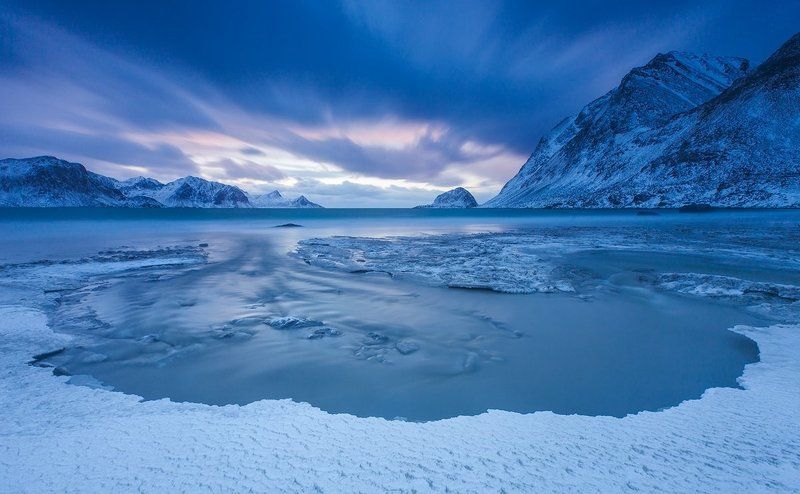 Длинная выдержка, Закат, Зимний пейзаж, Лофотены, Норвегия Про арктического джинна фото превью