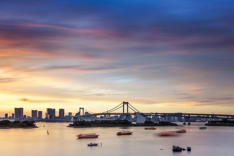 вечер, длинная выдержка, закат, мост, небо, япония, токио, город Закат в Токио фото превью