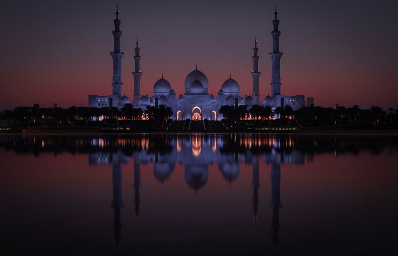 mosque, church, temple, city, architecture. town, sunset, dusk, reflection, dubai, uae, abu-dhabi, muslim, orient, arab,  Sheikh Zayed Grand Mosque, Abu Dhabi фото превью