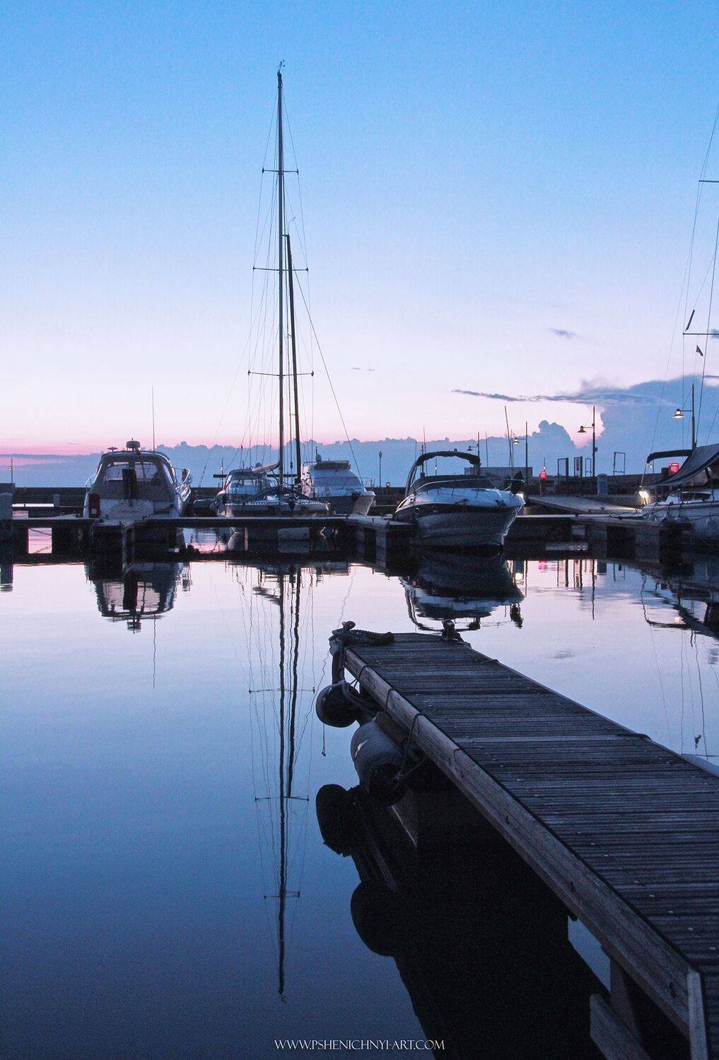 море, яхта, мачта, марина, пирс, небо, закат, отражение, голубой, Пшеничный Андрей