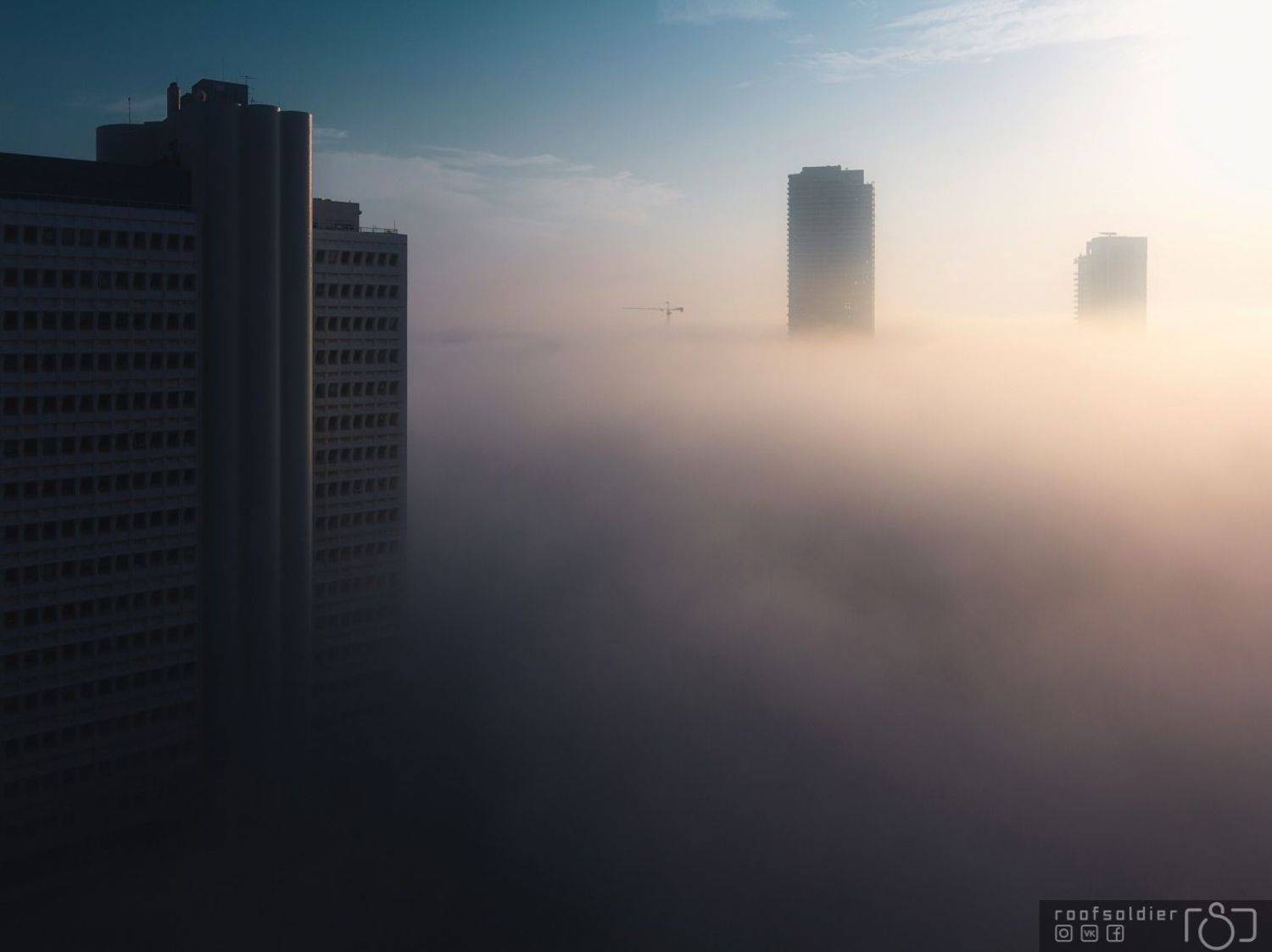 Tel aviv, Israel, city, urban, architecture, cityscape, above, sunset, sunrise, skyscraper, roofer, roof, fog, mist, morning, Голубев Алексей