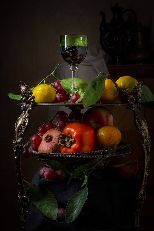 фрукты, винтаж, ретро, бронза, антиквариат, голландский, натюрморт, бокал, студия, виноград, стиль, гранат, хурма  фото превью