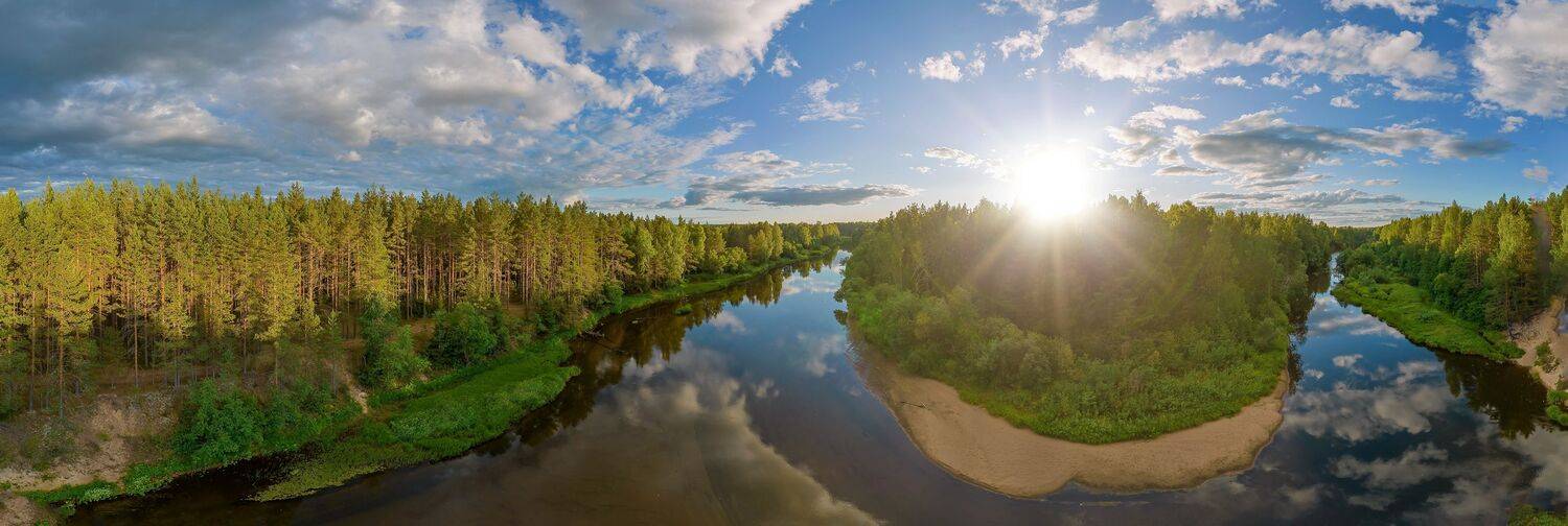 река, пейзаж, закат, солнце, излучина, колпь, природа, dji панорама, Максим Подосинников