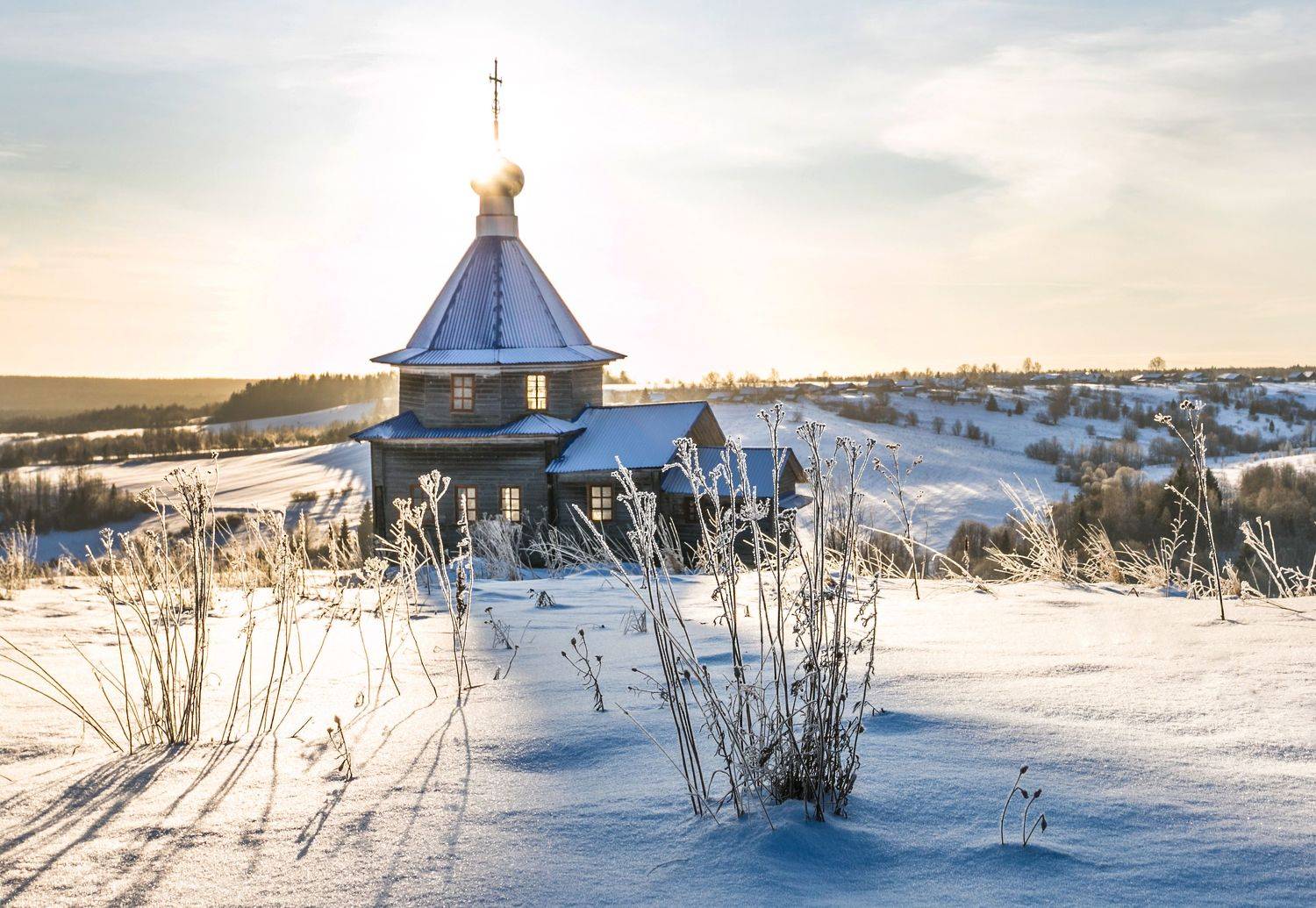 часовня, зима, снег, закат, Наталия Колтакова