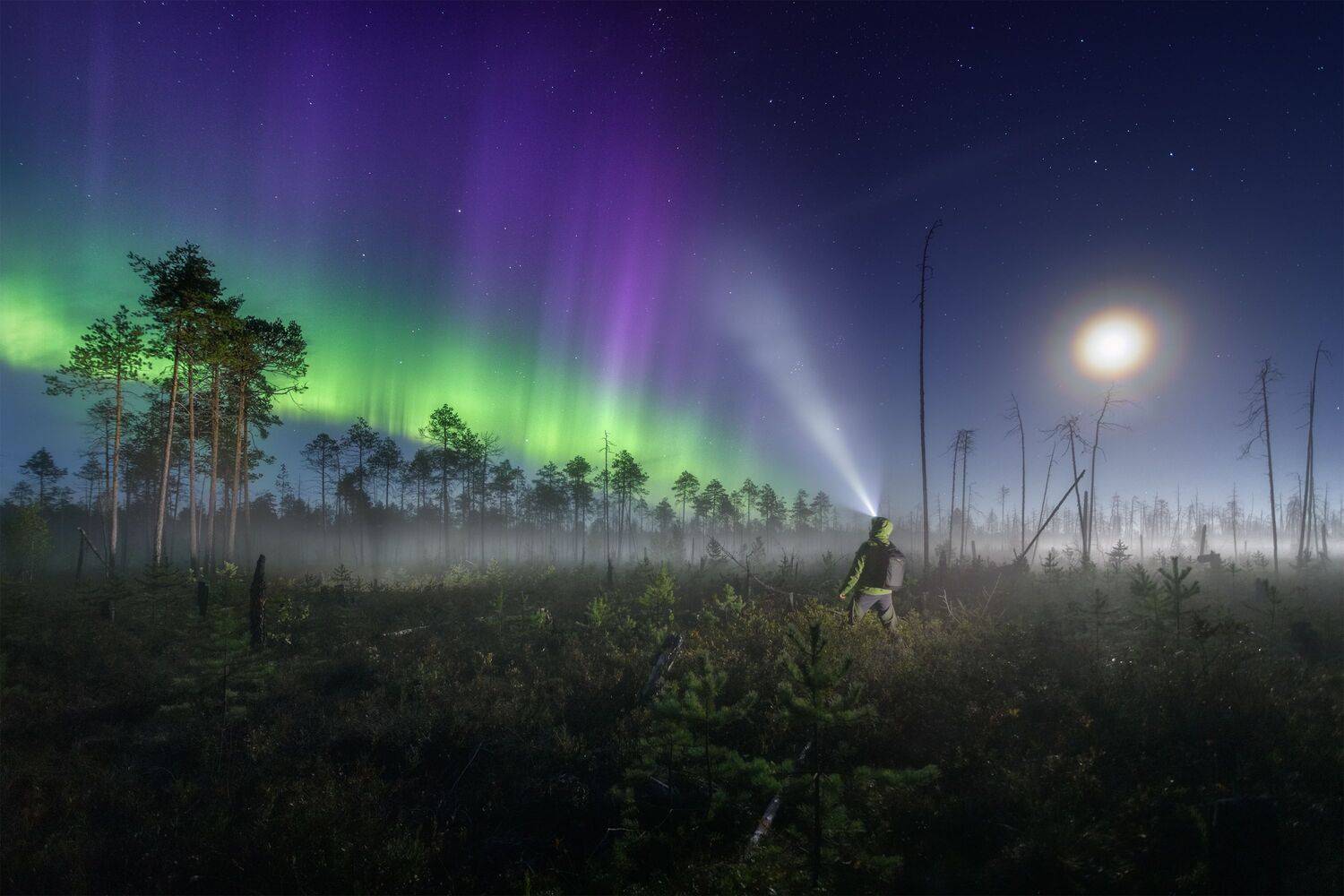 пейзаж, ночь, звезды, осень, северное сияние, полярное сияние, север, туман, landscape, northern lights, aurora borealis, polar lights, nightscape, stars, autumn, fog, Чаланов Иван