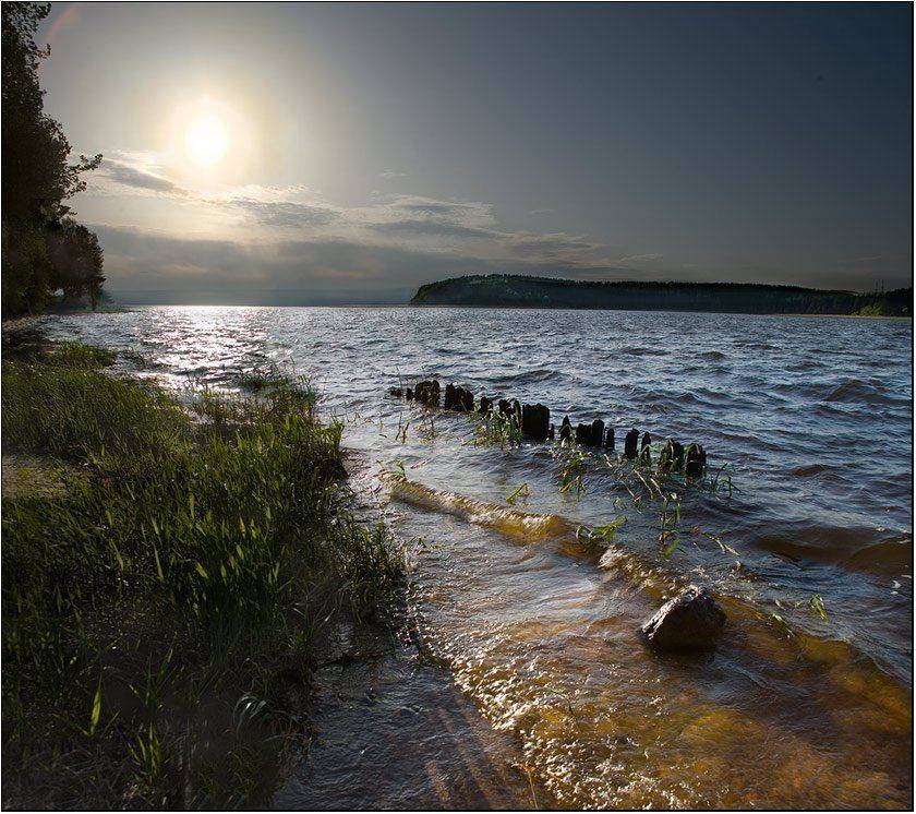 озеро, селигер, волна, прибой, закат, вечер, берег, остров столобной, Boris Bort