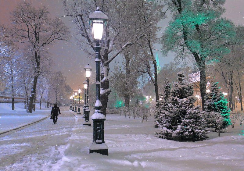 александровский, аллея., вечер, зима, кремль, москва, снегопад, фонари В зимнем парке фото превью