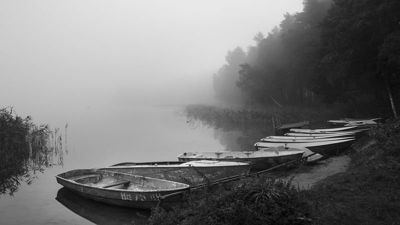 пейзаж, россия, туман, чб, природа, тишина, перспектива, озеро, вода, водоёмы, лодки. Предрассветный час. фото превью
