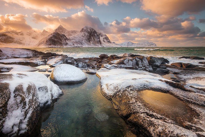 Закат, Зимний пейзаж, Лофотены, Морской пейзаж, Норвегия, Пейзаж Лофотены фото превью