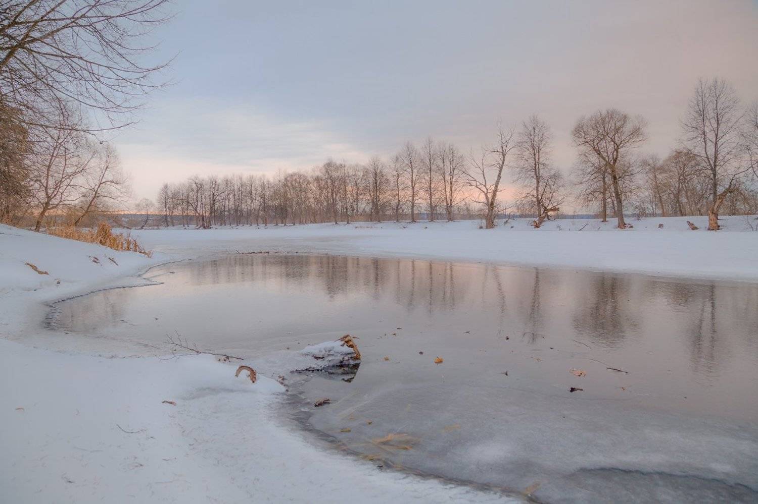 вечер, закат, зима, лёд, пруд, розовый, снег, Виктор Климкин