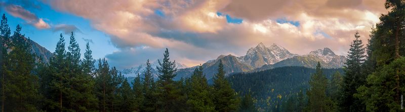 Караджаш, архыз, романтик, вид, карачаево-черкессия, кавказ, гора, вершина, панорама, рассвет, закат, облака, небо лес, хвойный, сосны, ели Панорама заката на горе Караджаш. Архыз. Карачаево-Черкессия. фото превью