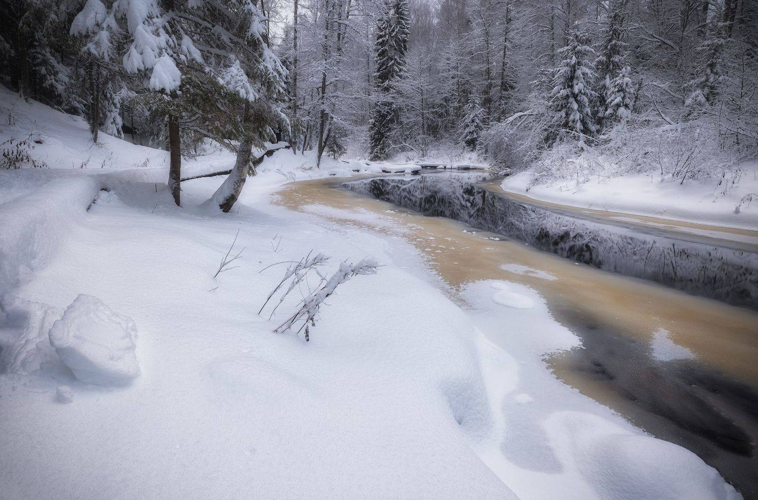 вечер река лес зима декабрь вода отражение лед, Скороходов Константин
