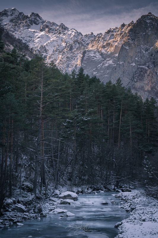 горы, снег, лед, река, замерзшая река, лес, деревья, утро, рассвет, рассвет в горах, сосны, хвойные деревья, осетия, кавказ Царство зимы. фото превью