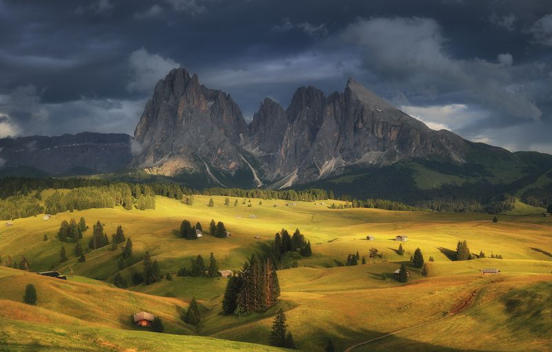 Alpe di Siusi, Seiser Alm, Dolomites, Alpe, Italy, горы, вечер, закат, панорама, лето Непогода отступает фото превью