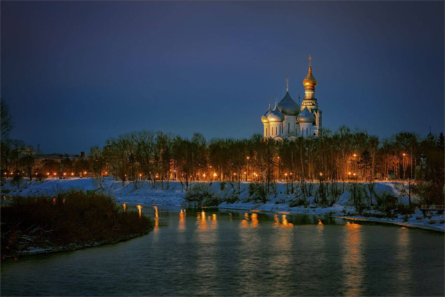 пейзаж, зима, ночь, река, храм, цвет, александр никитинский, Никитинский Александр