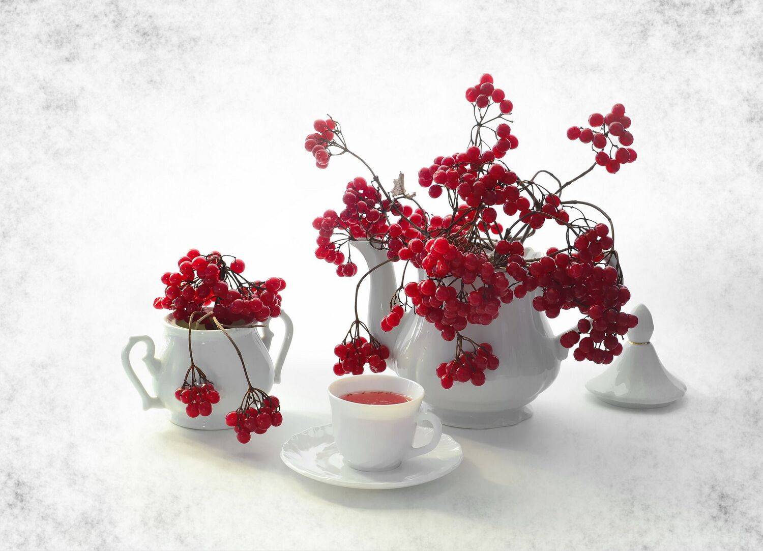 калина,чайник,чай,сахарница,цвет,свет,белый, Инаида