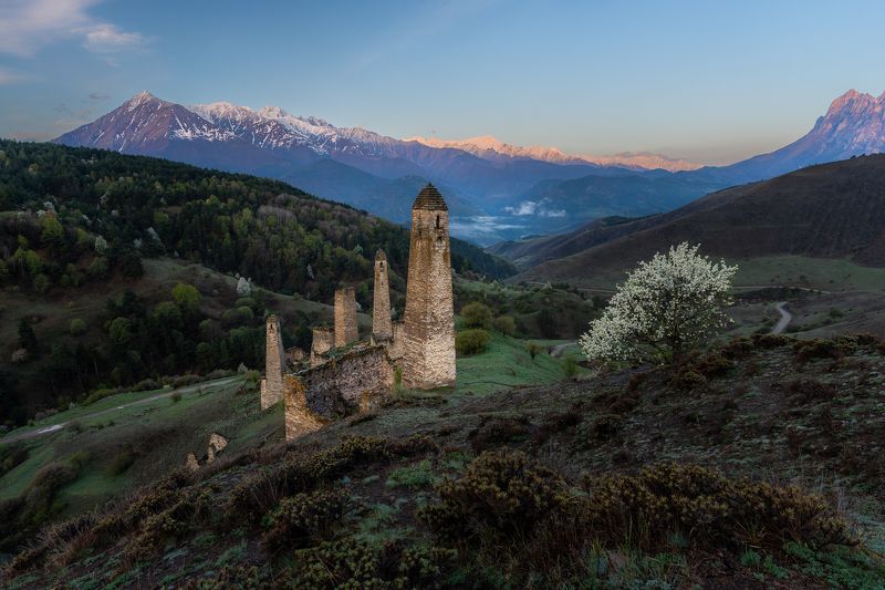 landscape, ингушетия, пейзаж, крепость, горы, кавказ, mountains With the rise of sun фото превью