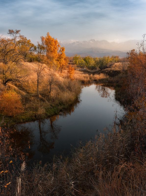 пейзаж, осень, озеро, горы, цвет, свет, природа, небо, облака, вечер Заводь. фото превью