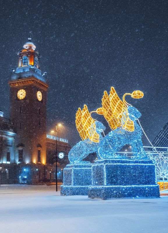 ночь, Москва, зима, winter, кремль, Новый год, new year, moscow, киевский вокзал  Киевский вокзал фото превью