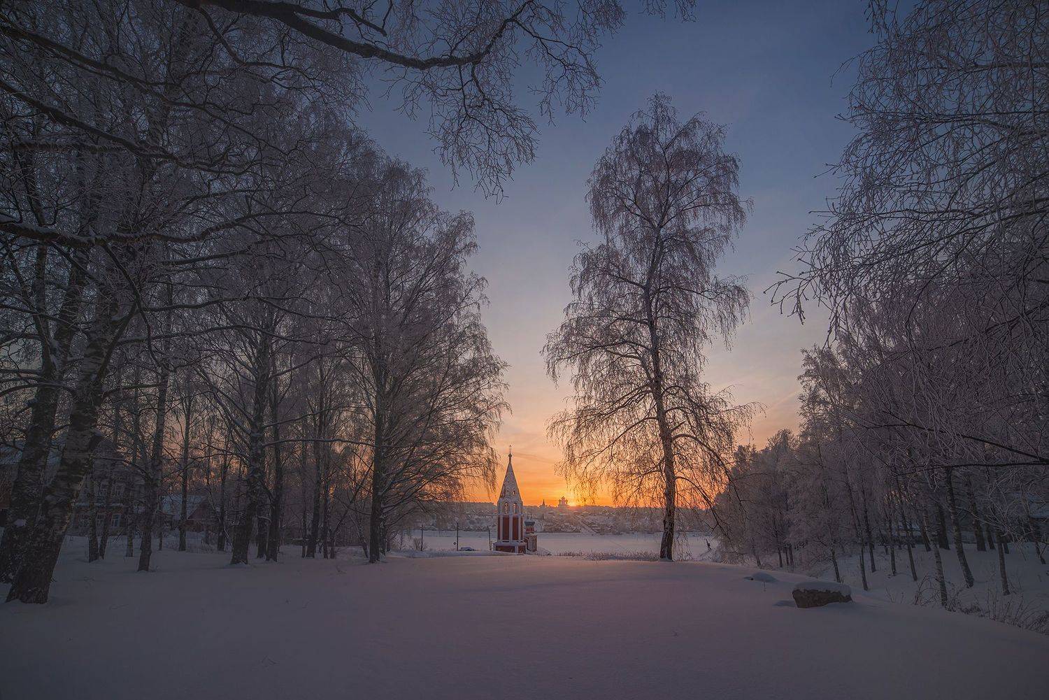 зима казанская церковь снег закат солнце пейзаж, Сальников Евгений