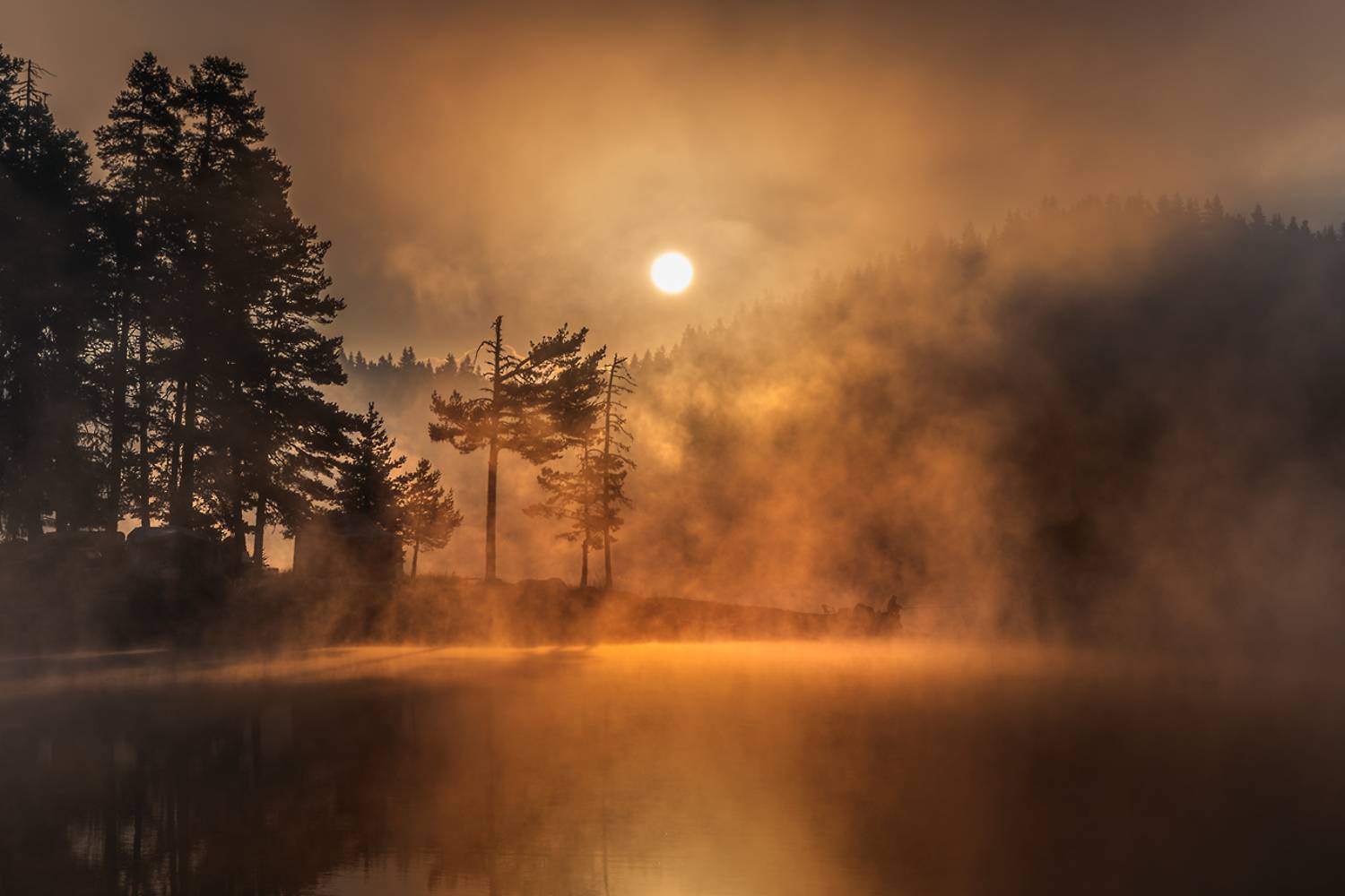 landscape nature scenery summer sunrise morning dawn lake reflection fog foggy mist misty clouds mountain trees пейзаж рассвет горы озеро, Александър Александров