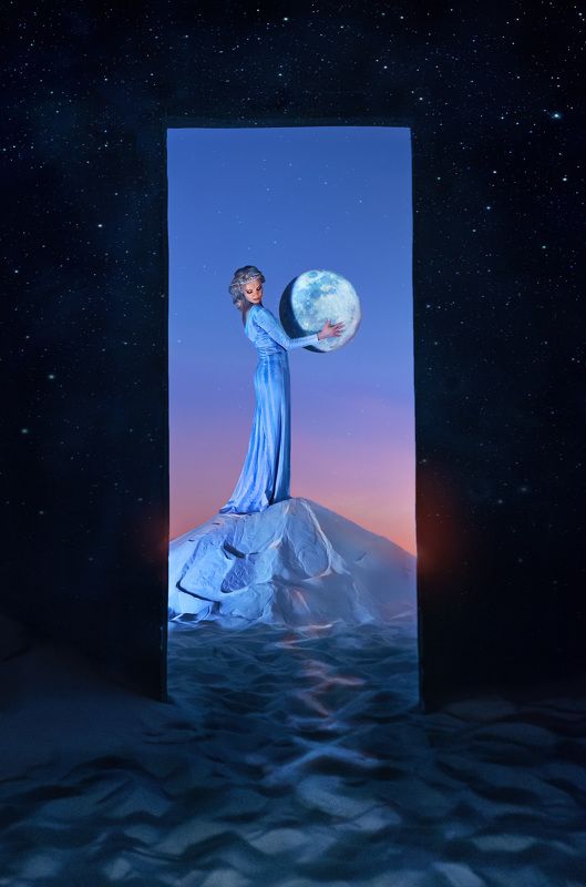 луна, песок, дверной проем, ночь, утро, небо, девушка в платье, луна на небе Куда Луна уходит по утру... фото превью