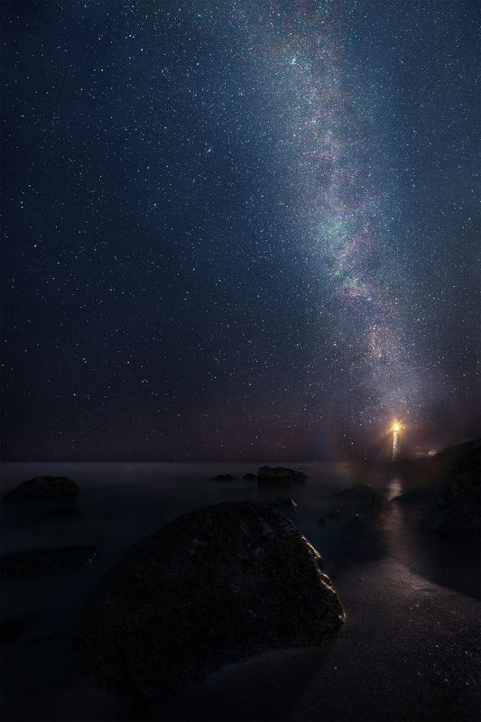 море, пейзаж, звезды, млечный путь, небо, ночь, крым, севастополь, маяк \