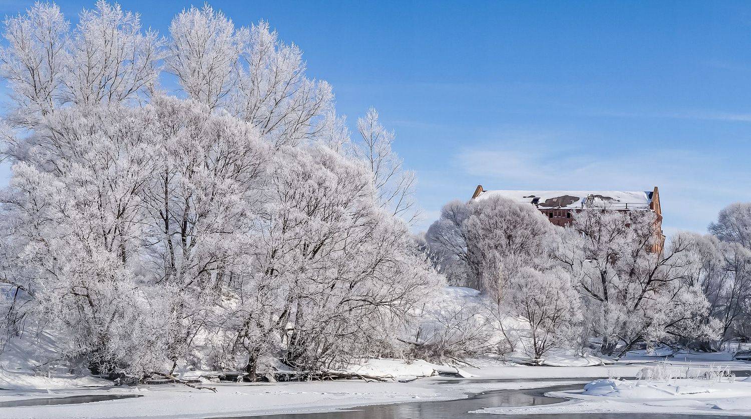 река быстрая сосна, адамова мельница, первый снег, зима, иней,, Николай Бологов