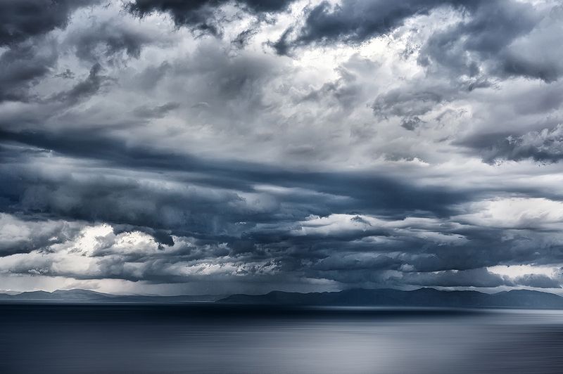 Горизонт, Горы, Греция, Море, Непогода, Облака, Пейзаж, Синий, Эгейское море Морское, слегка штормящее фото превью