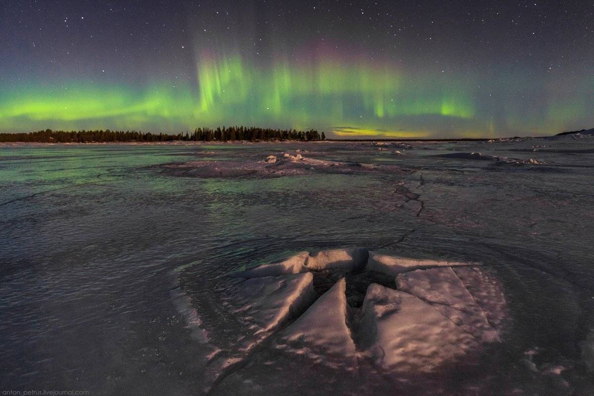 Белое море, Зима, Карелия, Лед, Ночь, Северное сияние, Антон Петрусь