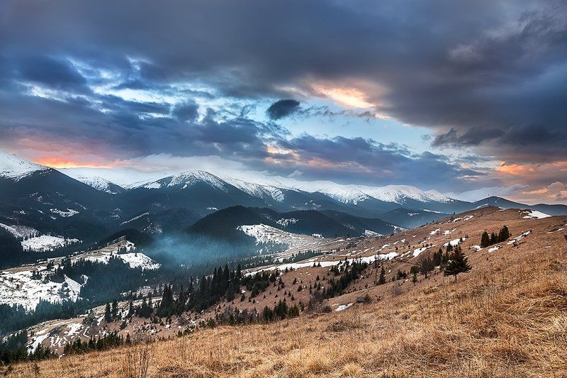 Горы, Дземброня, Закат, Зима, Карпаты, Пейзаж, Поход, Украина Закатное фото превью