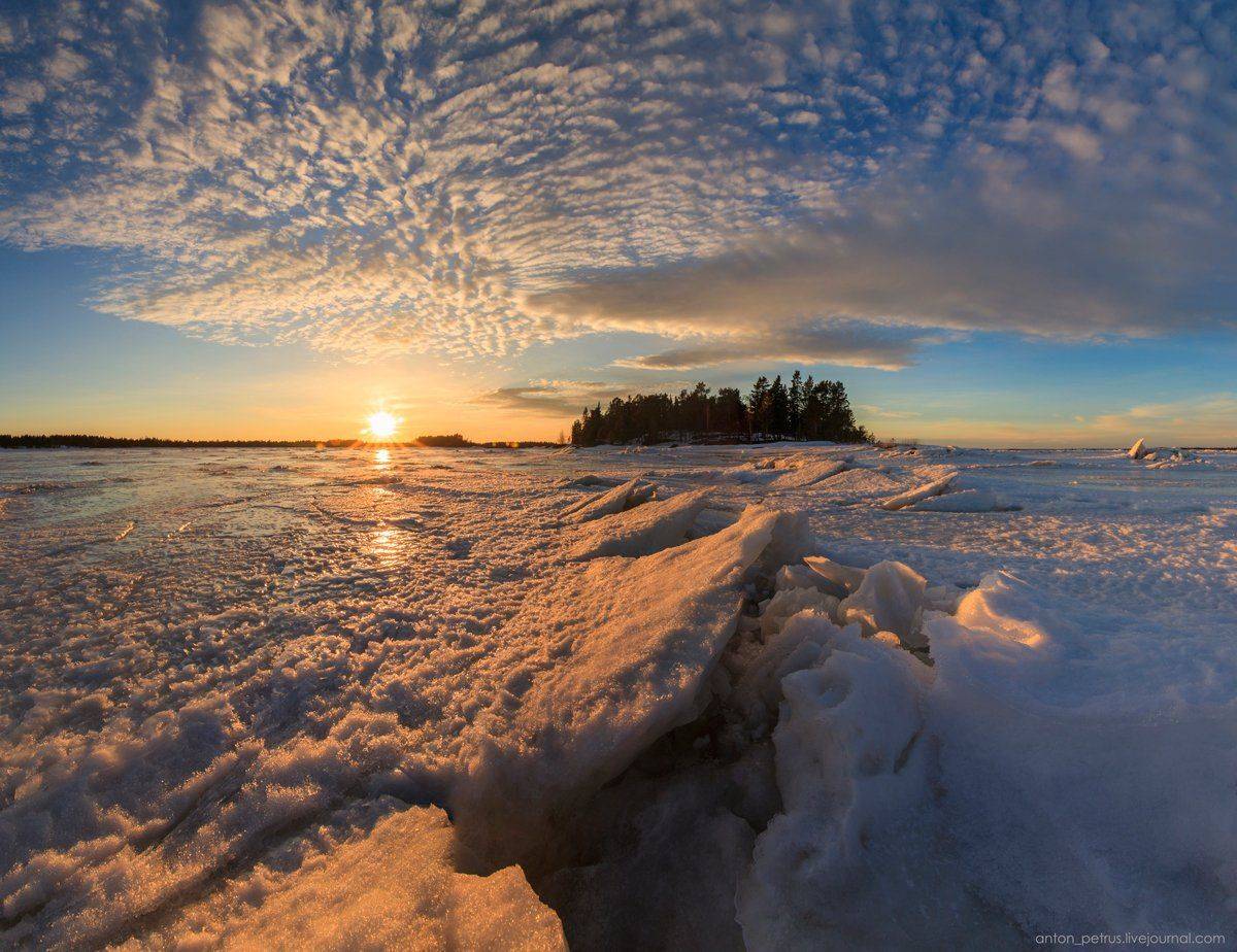 закат, Карелия ,Белое море, лед, весна, солнце, облака, Поньгома, Антон Петрусь