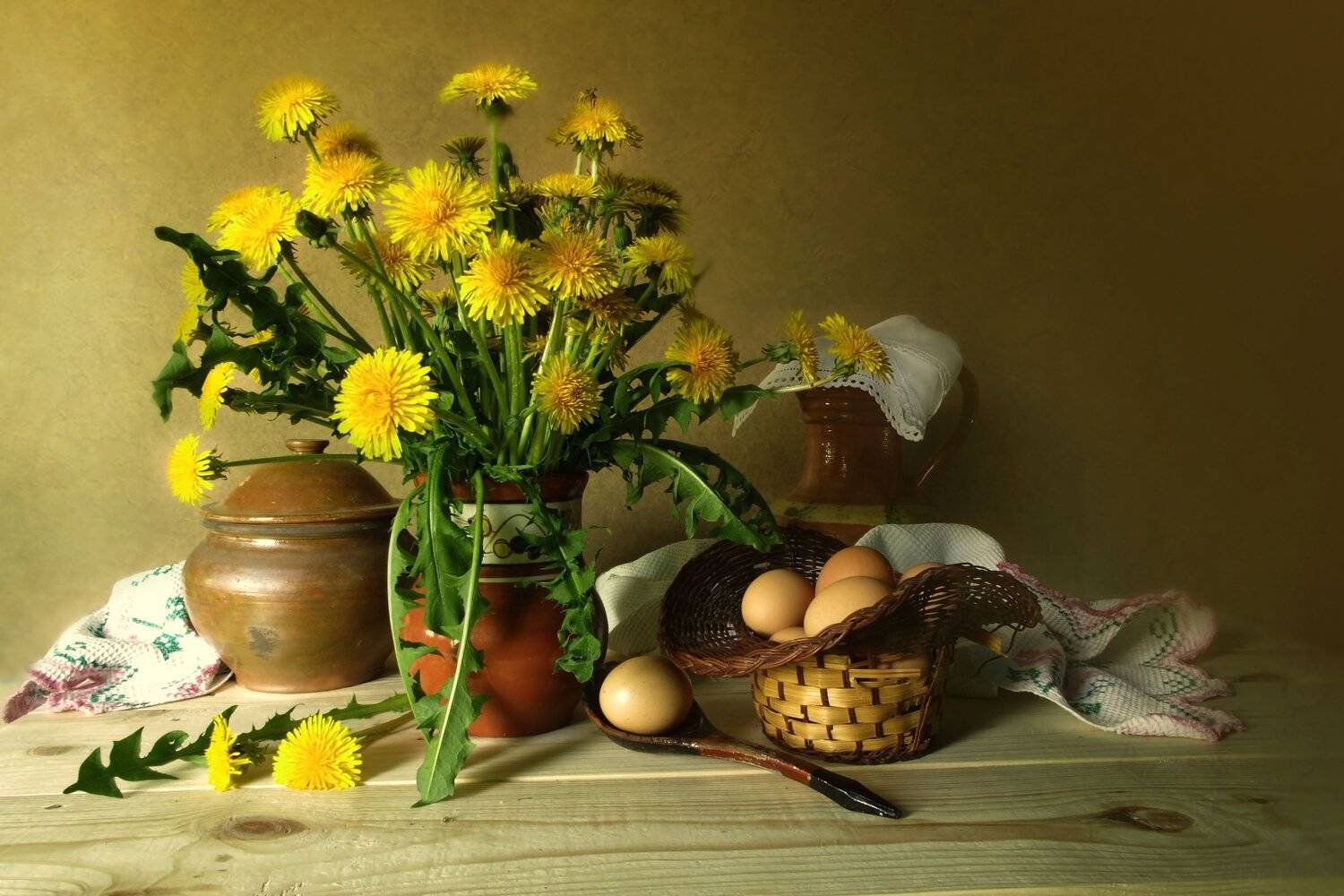Букет с одуванчиками, Глиняные изделия, Натюрморт, Рушник, Вера Павлухина