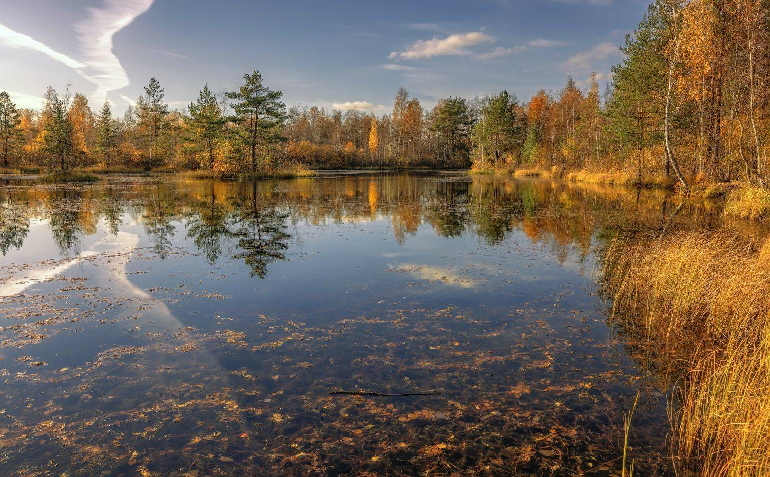 осень озеро вечер отражение небо облака, Скороходов Константин