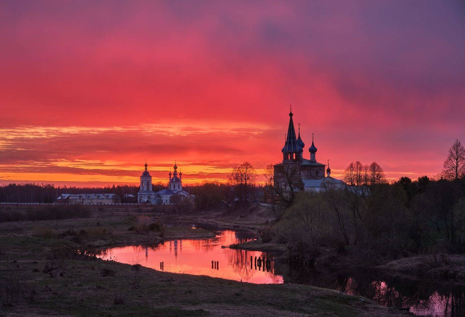 дунилово,теза,река,рассвет,утро,небо,краски,весна,архитектура,храмы,церкви, Горшков Игорь