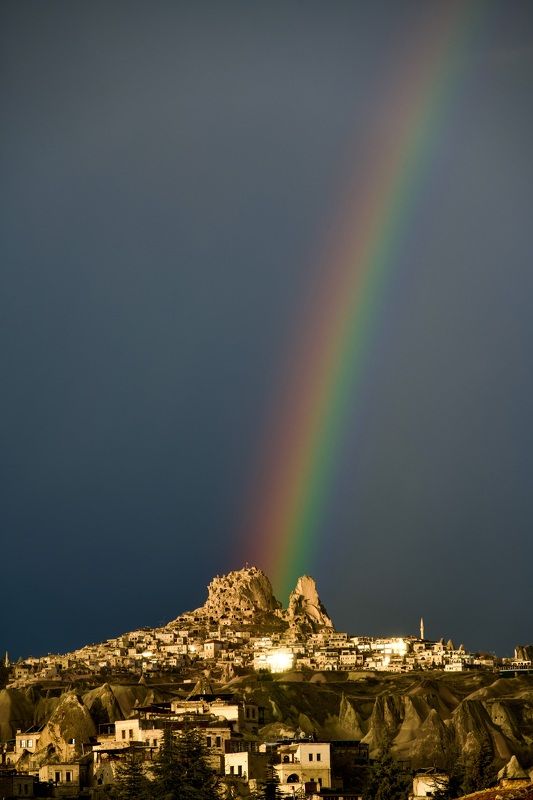 rainbow, night, sky, landscape, turkey, cappadocia, rocks, mountains, rain, city, cityscape, city view, travel, пейзаж, горы, радуга, ночь, небо, облака, каппадокия Night rainbow фото превью
