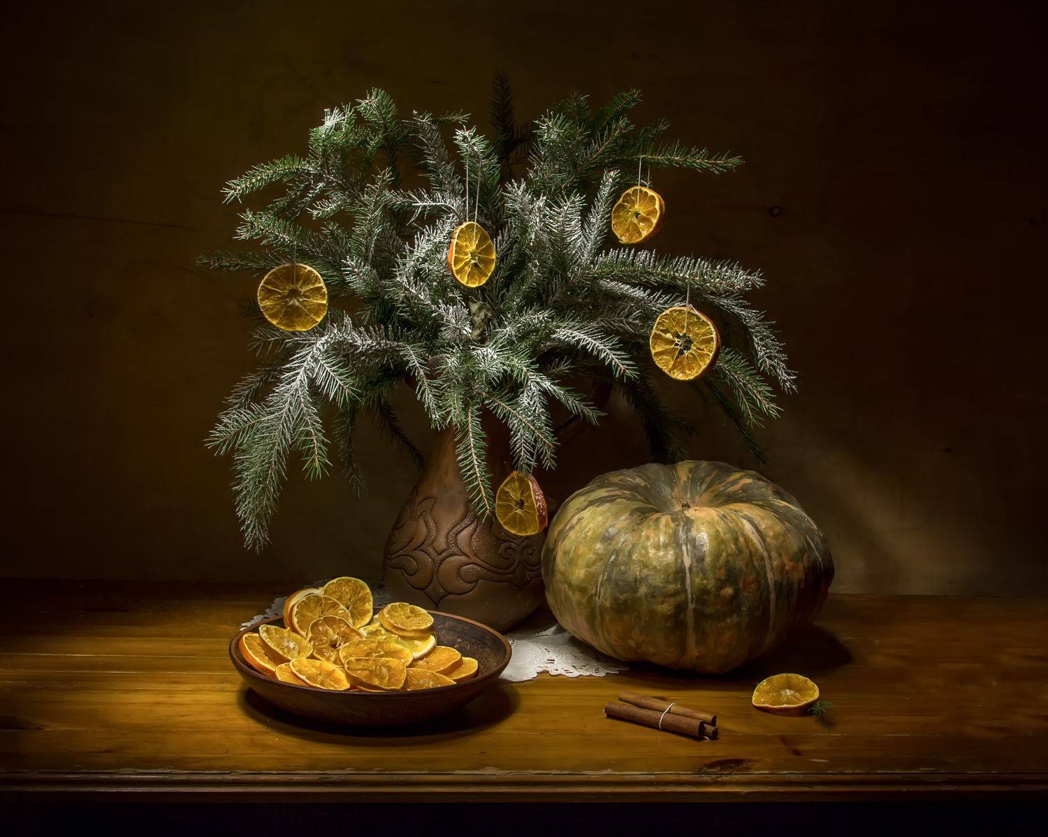 натюрморт, ель, тыква, мандарины, Феденкова Татьяна