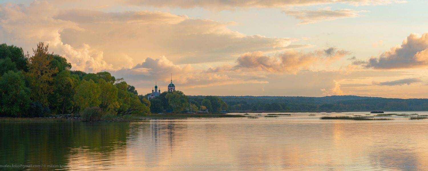Плещеево, церковь, озеро, закат, вечер, evening, Переславль-Залесский, Pereslavl-Zalessky, lake, sunset, panorama, панорама, chirch, reflection, отражение, Максим Ковалёв