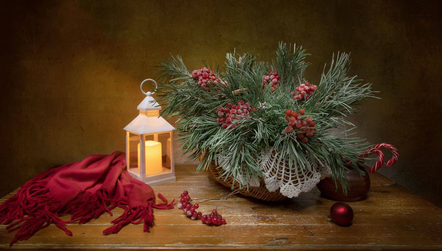 натюрморт, сосна, рябина, фонарик, Феденкова Татьяна