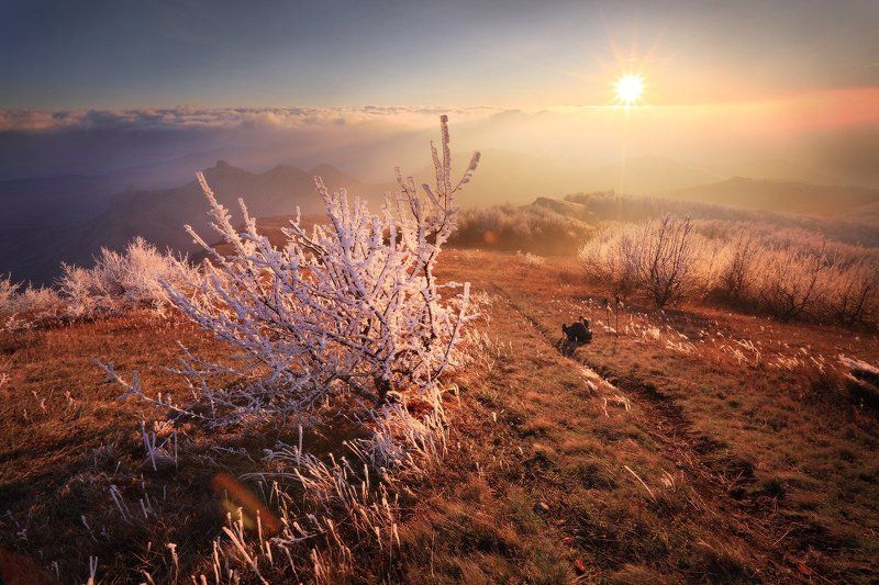Закат, Иней, Крым горы Прохладный вечер с теплым светом фото превью