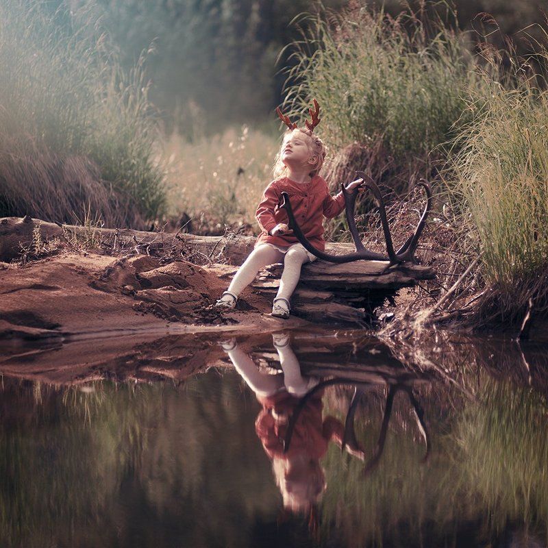 Forest, Girl, Lake, Sun, Sunset fawn фото превью