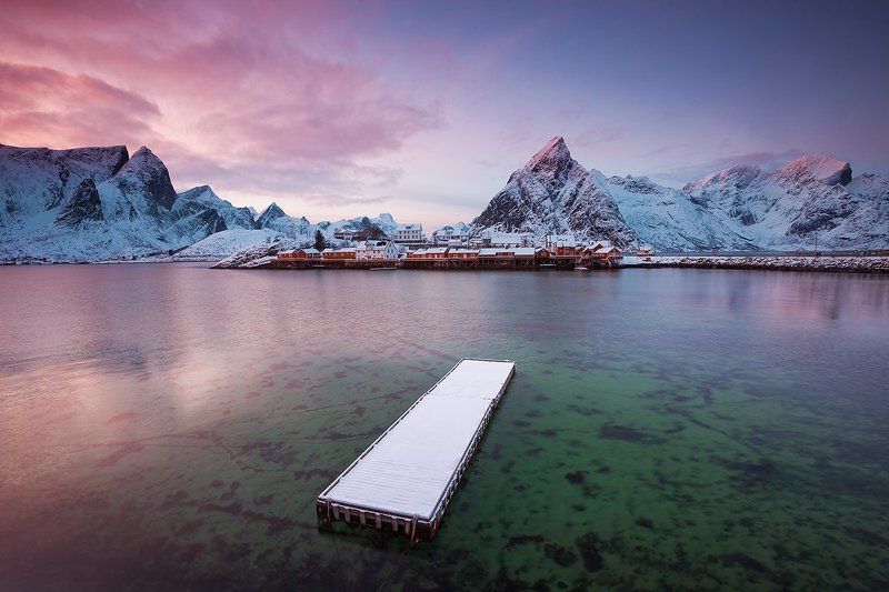 Закат, Зимний пейзаж, Лофотены, Норвегия, Пейзаж, Северный пейзаж Арктическая лагуна фото превью
