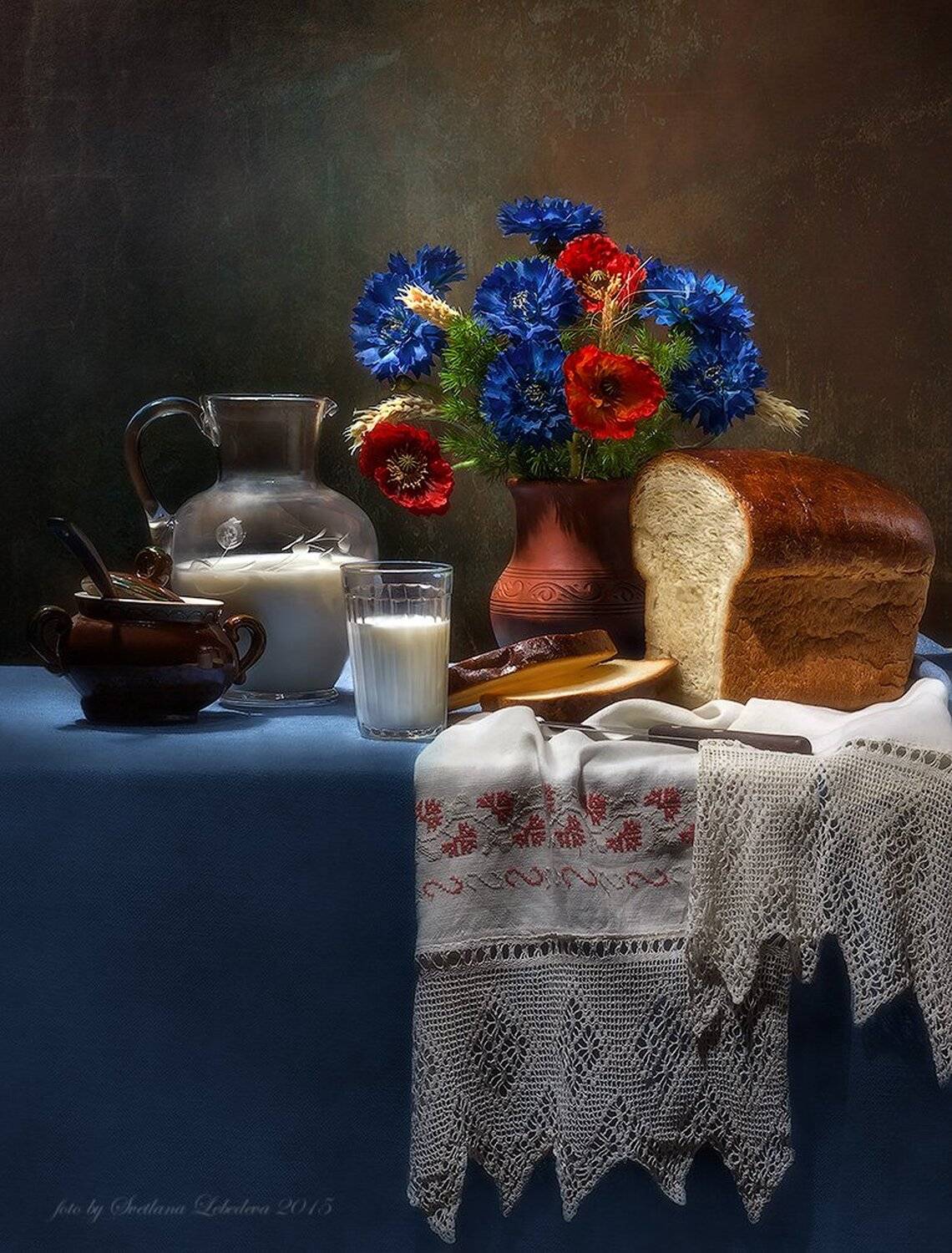 хдеб,васильки,молоко,кувшин,стакан, Светлана Л.