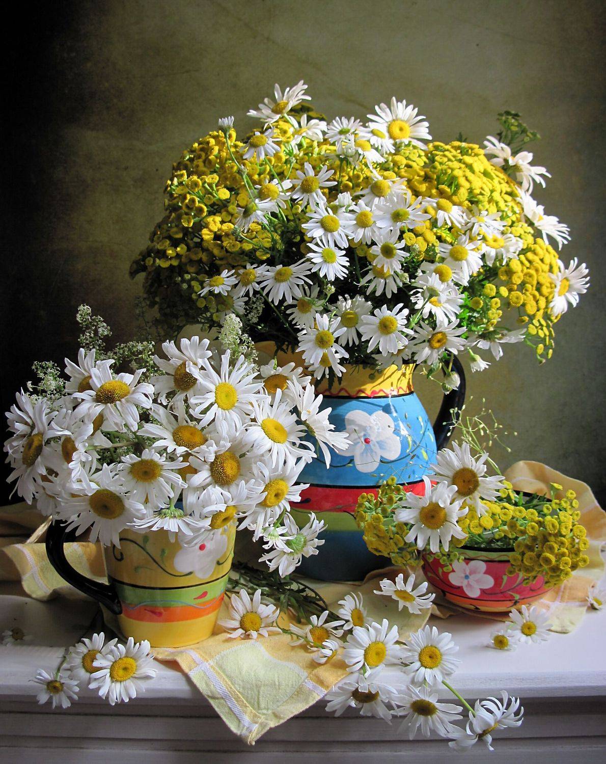 цветы, букет, ромашки, пижма, кувшин, кружка, салатник, керамика, салфетка, Наталия Тихомирова