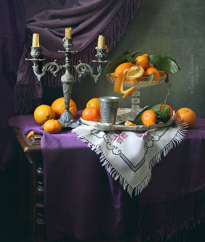 натюрморт, апельсины, мандарины, шандал, канделябр Зимний натюрморт с фруктами фото превью