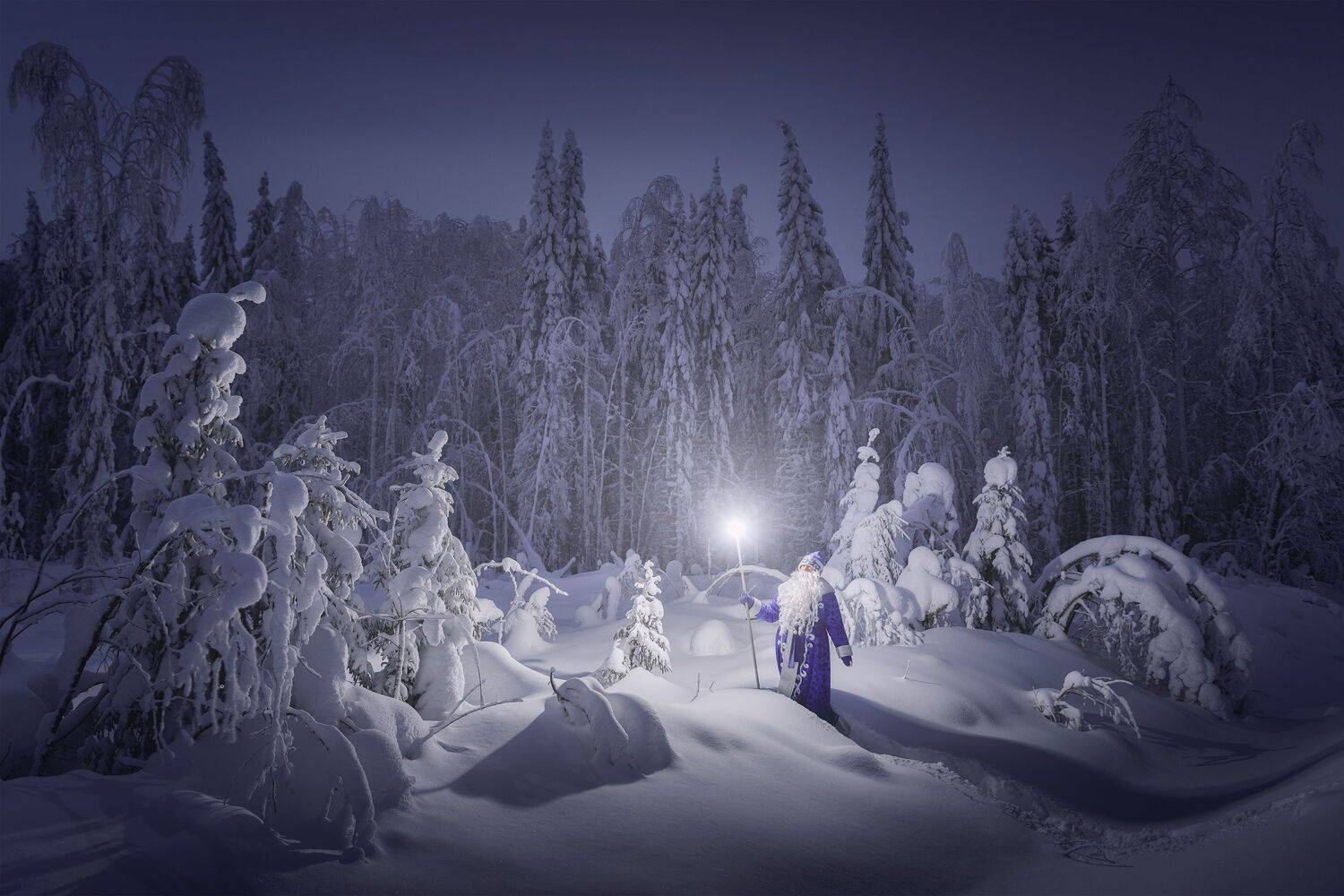 пейзаж, рождество, новыйгод, ночь, ночнойпейзаж, снег, зима, тайга, лес, дедмороз, север, мороз, холод, звёзды, ель, landscape, nightscape, winter, santaclaus, cristmas, snow, frozen, woodland, north, stars, taiga, Чаланов Иван