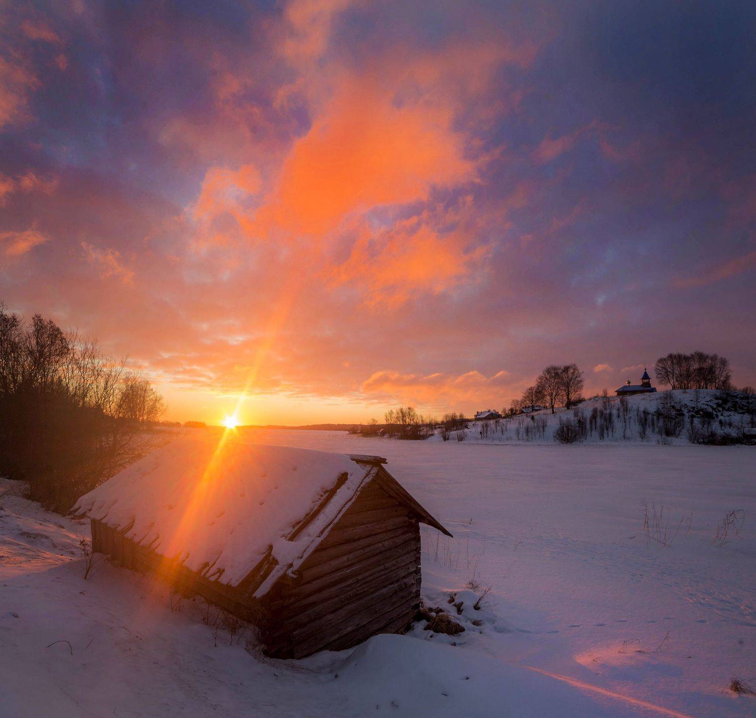 заонежье, карелия, зима, рассвет, небо, зима, мороз, церковь, баня, север, Павел Ващенков