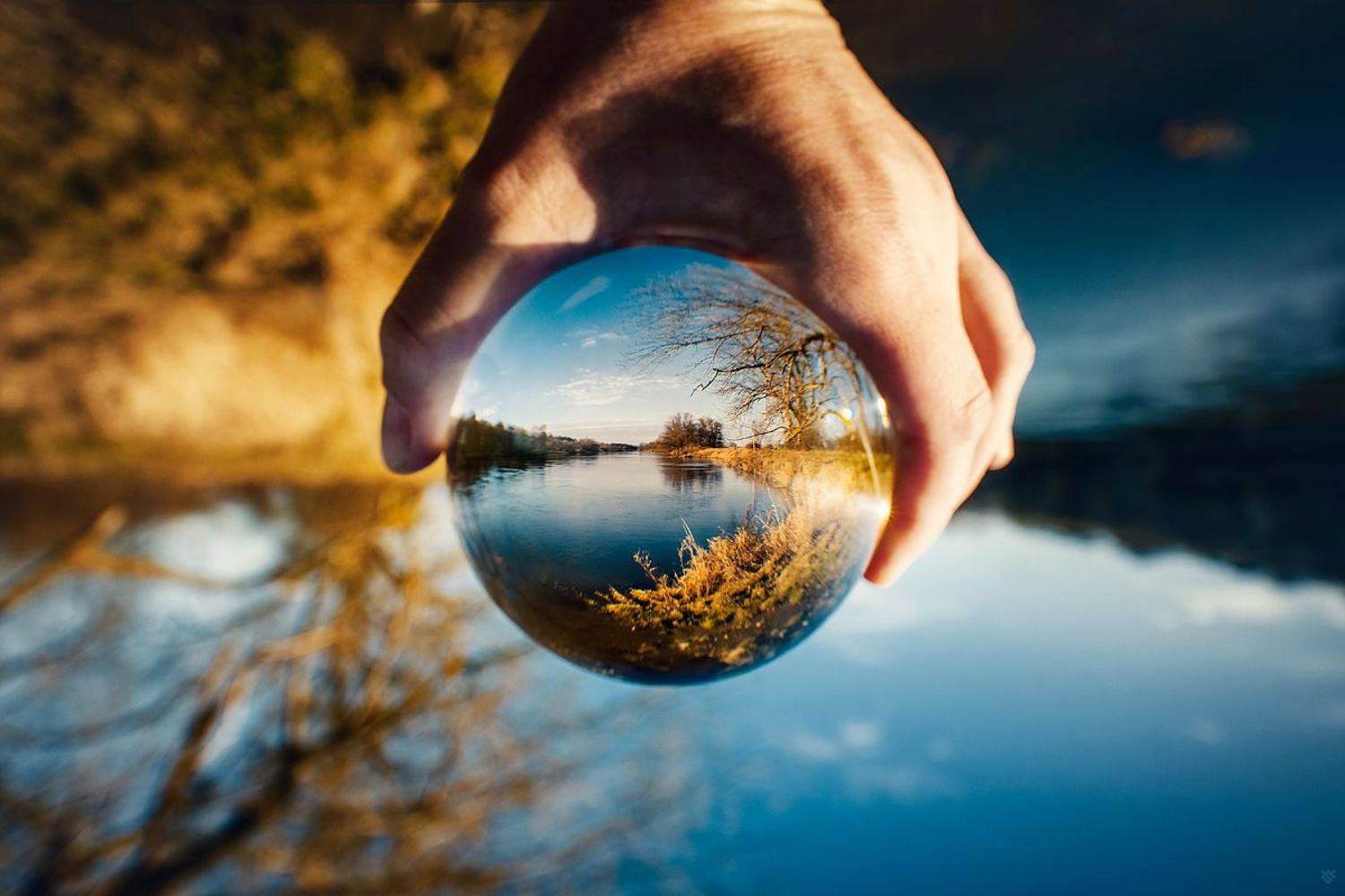 river, landscape, glass, ball, Wojciech Grzanka