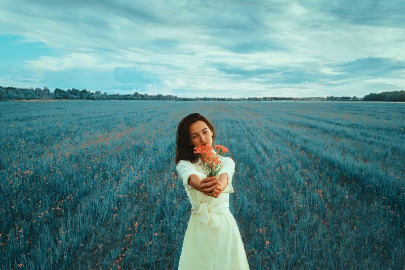 портрет, цветы, природа, девушка, поле * фото превью