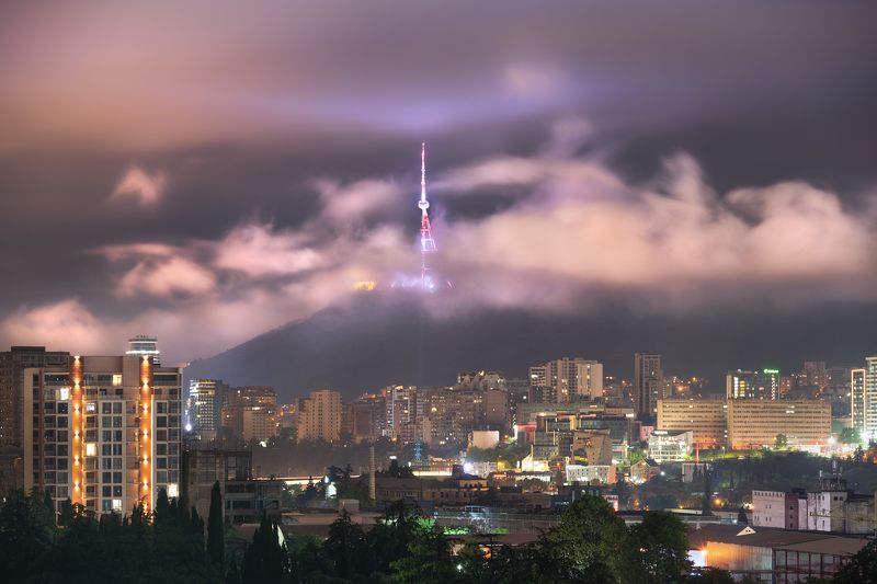 Tbilisi, Georgia, cityscape, long exposure Misty night фото превью
